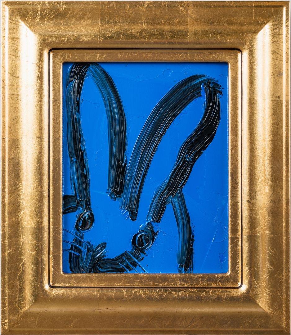 Hunt Slonem Animal Painting - Blue and Black Double Bunny Original Oil Painting in Vintage Gold Frame