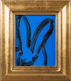 Blue and Black Double Bunny Original Oil Painting in Vintage Gold Frame
