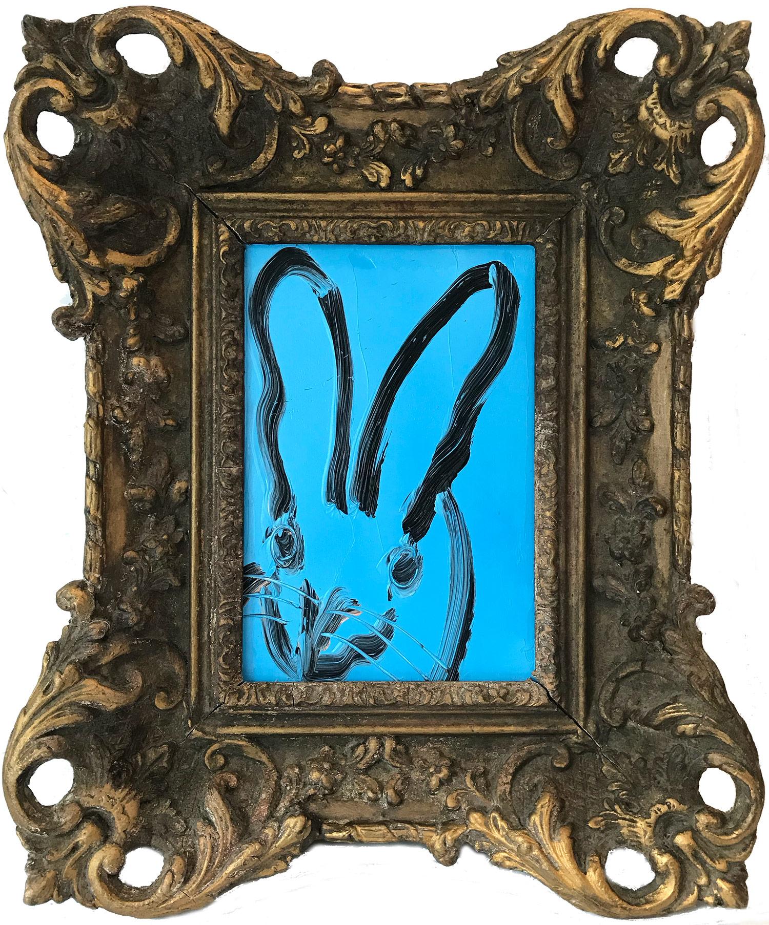 Hunt Slonem Abstract Painting - "Blue Bonnet"  (Black Outlined Bunny on Periwinkle Blue)
