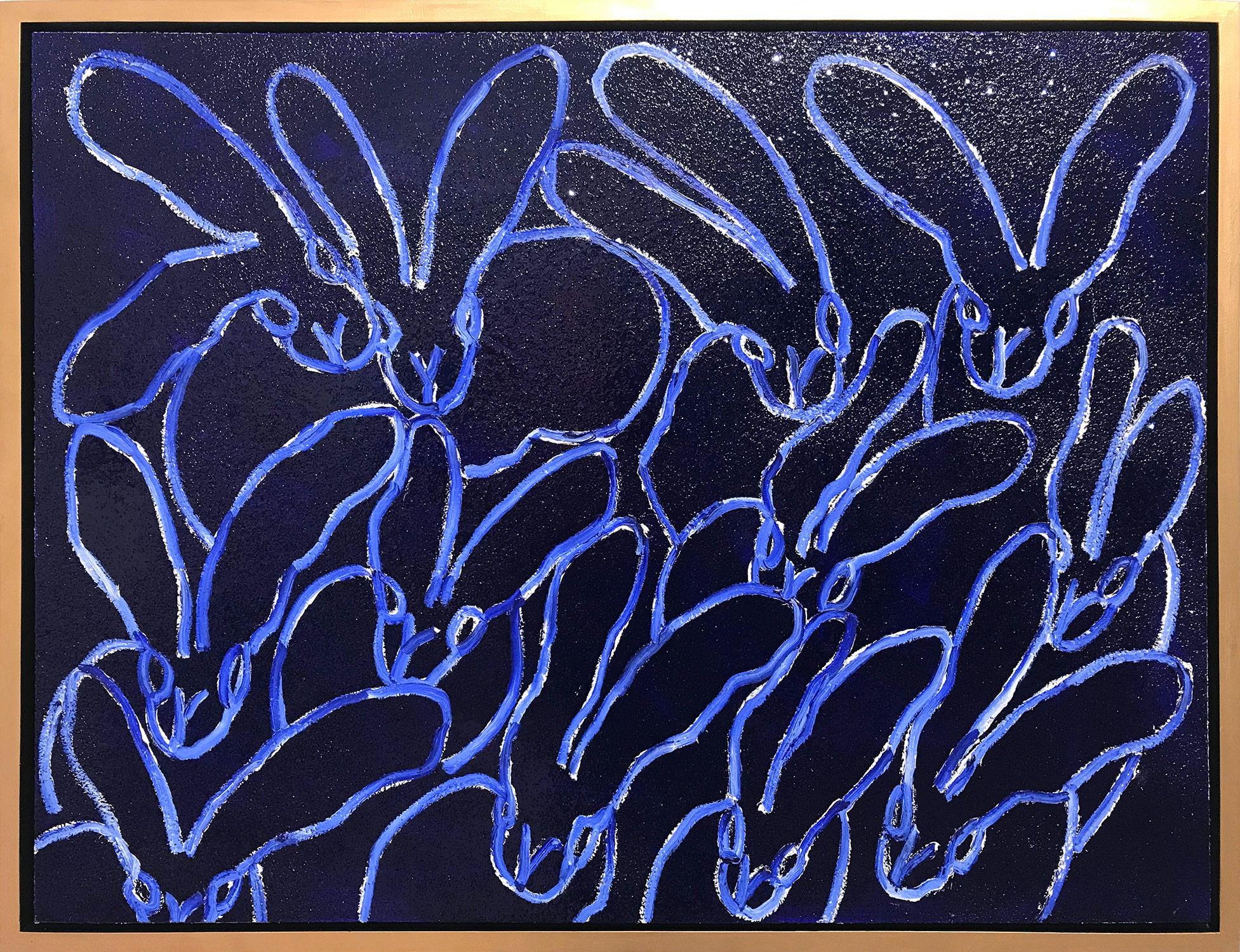 Hunt Slonem Abstract Painting - "Blue Bonnie" Ultramarine Blue Oil Painting with Diamond Dust Bunnies on Canvas
