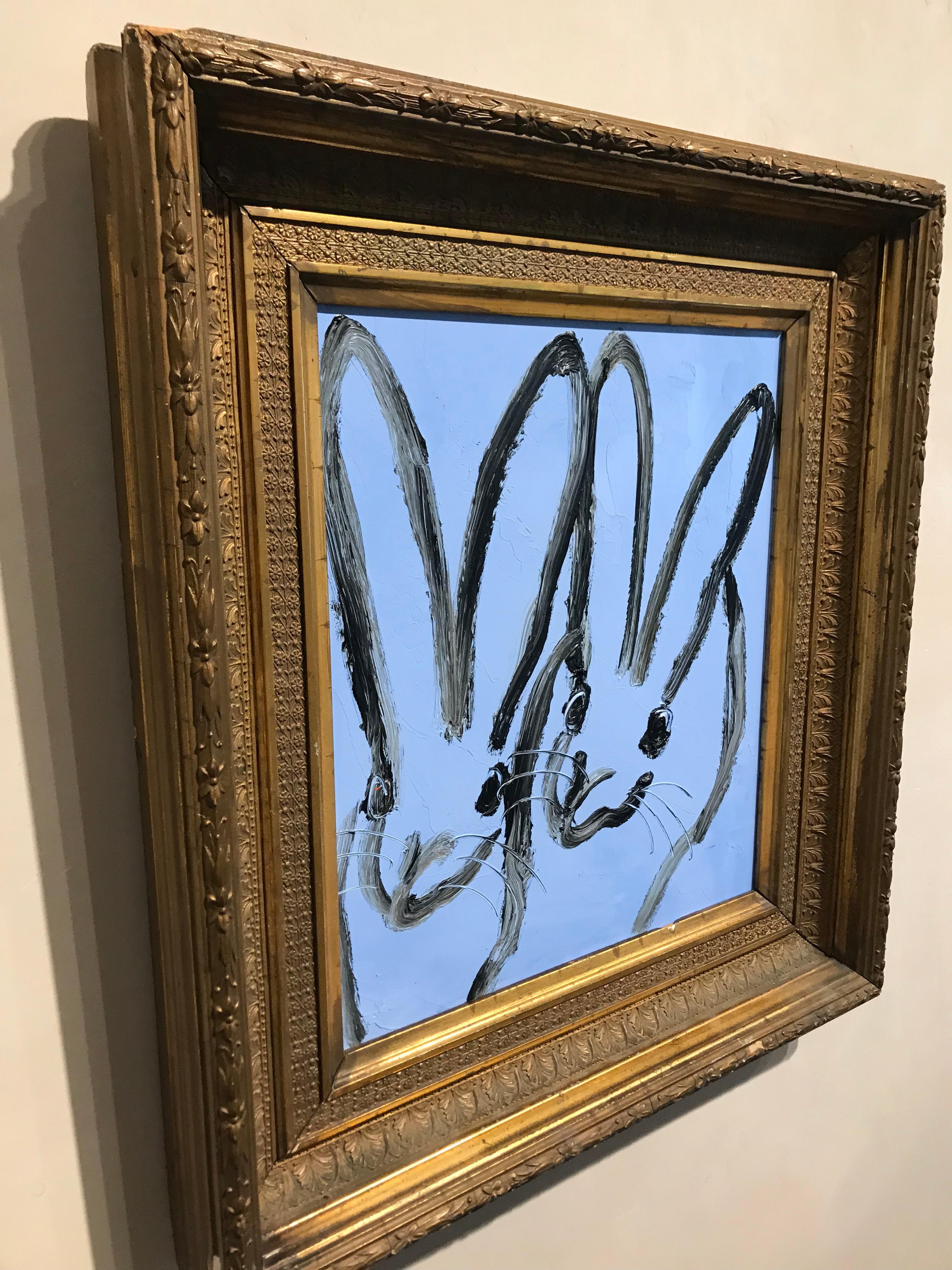Blue Bunny Duo- oil on canvas in vintage frame in blue by Hunt Slonem 2