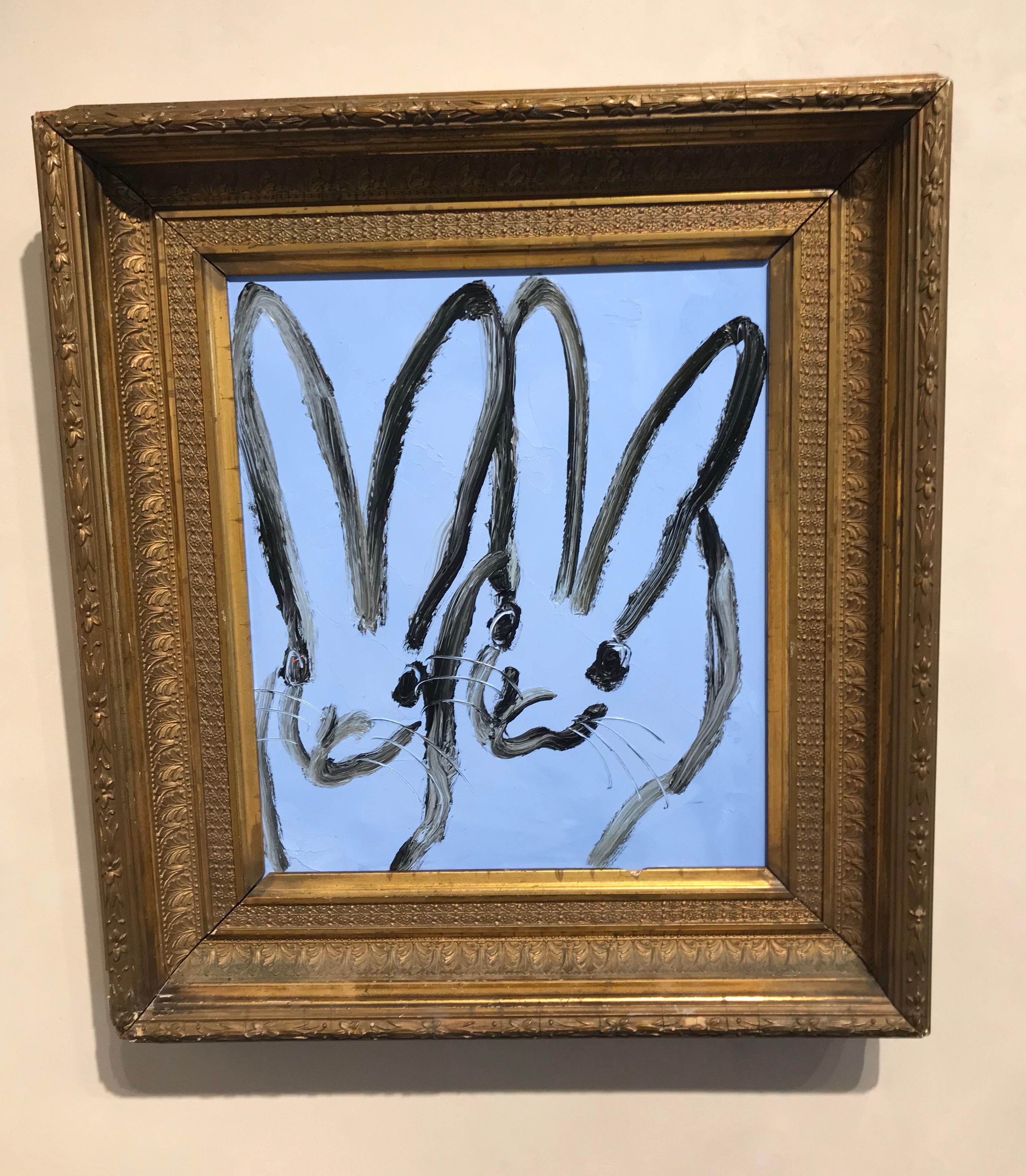 Blue Bunny Duo- oil on canvas in vintage frame in blue by Hunt Slonem 3