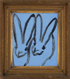 Blue Bunny Duo- oil on canvas in vintage frame in blue by Hunt Slonem