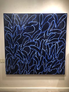 Blue Diamond-blue and white gestural bunny painting with "diamond dust" 