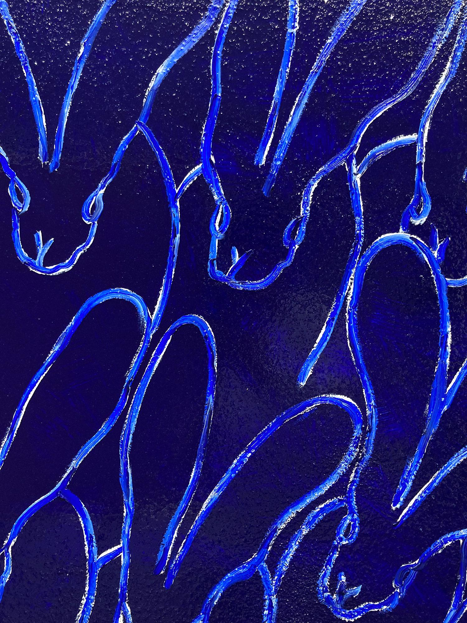 A wonderful composition of one of Slonem's most iconic subjects, Bunnies. This piece depicts gestural figures of white bunnies on an Ultramarine blue background with thick use of paint and diamond dust. Inspired by nature and a genuine love for