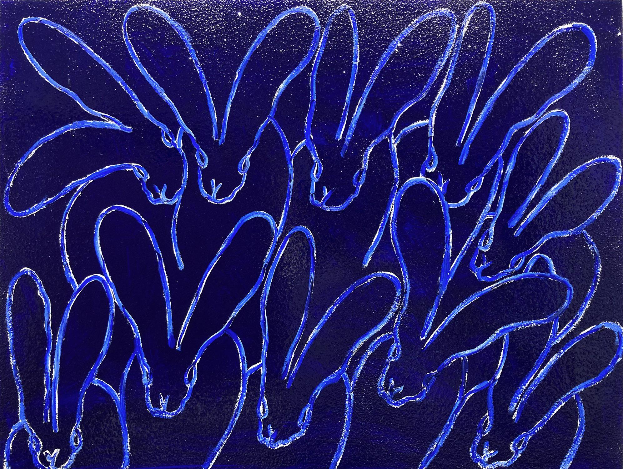 Hunt Slonem Animal Painting - "Blue Diamond Double" Diamond Dust Ultramarine Blue Oil Painting Bunnies Canvas
