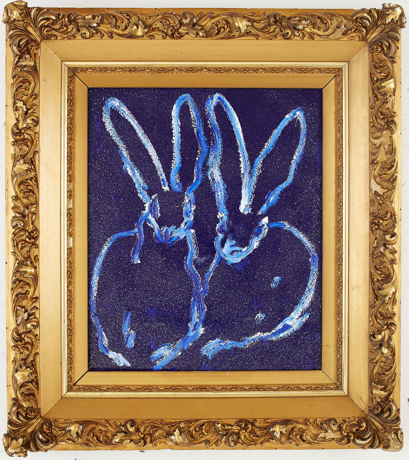 Hunt Slonem Animal Painting - Blue Diamonds, Two Bunnies on Cobalt Blue, Antique Gold Frame