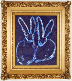 Blue Diamonds, Two Bunnies on Cobalt Blue, Antique Gold Frame