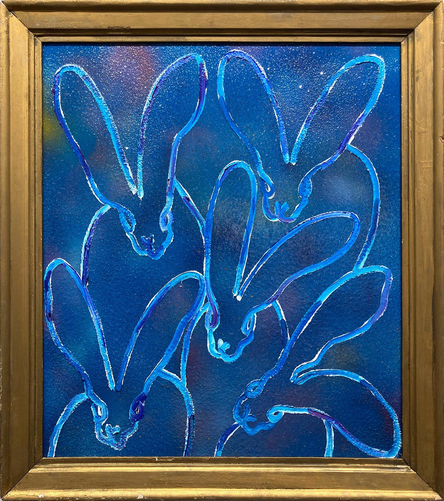 Hunt Slonem Animal Painting - "Blue Dust Hutch" White Outlined Bunnies on Blue Background Oil Painting on Wood