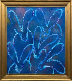 "Blue Dust Hutch" White Outlined Bunnies on Blue Background Oil Painting on Wood