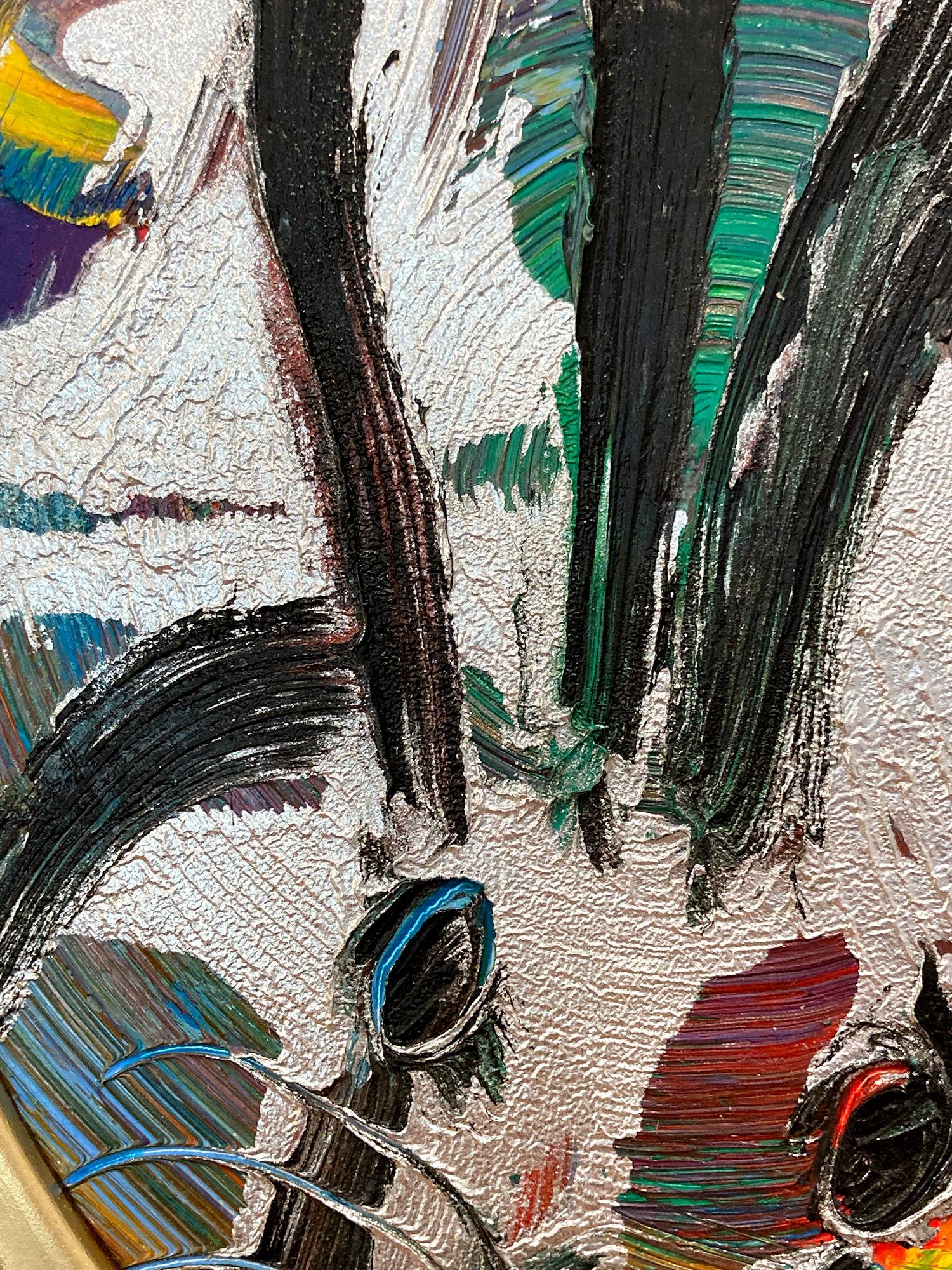 Bunny noir ovale « Blue Eyes » sur fond multicolore avec argent et or  - Néo-expressionnisme Painting par Hunt Slonem