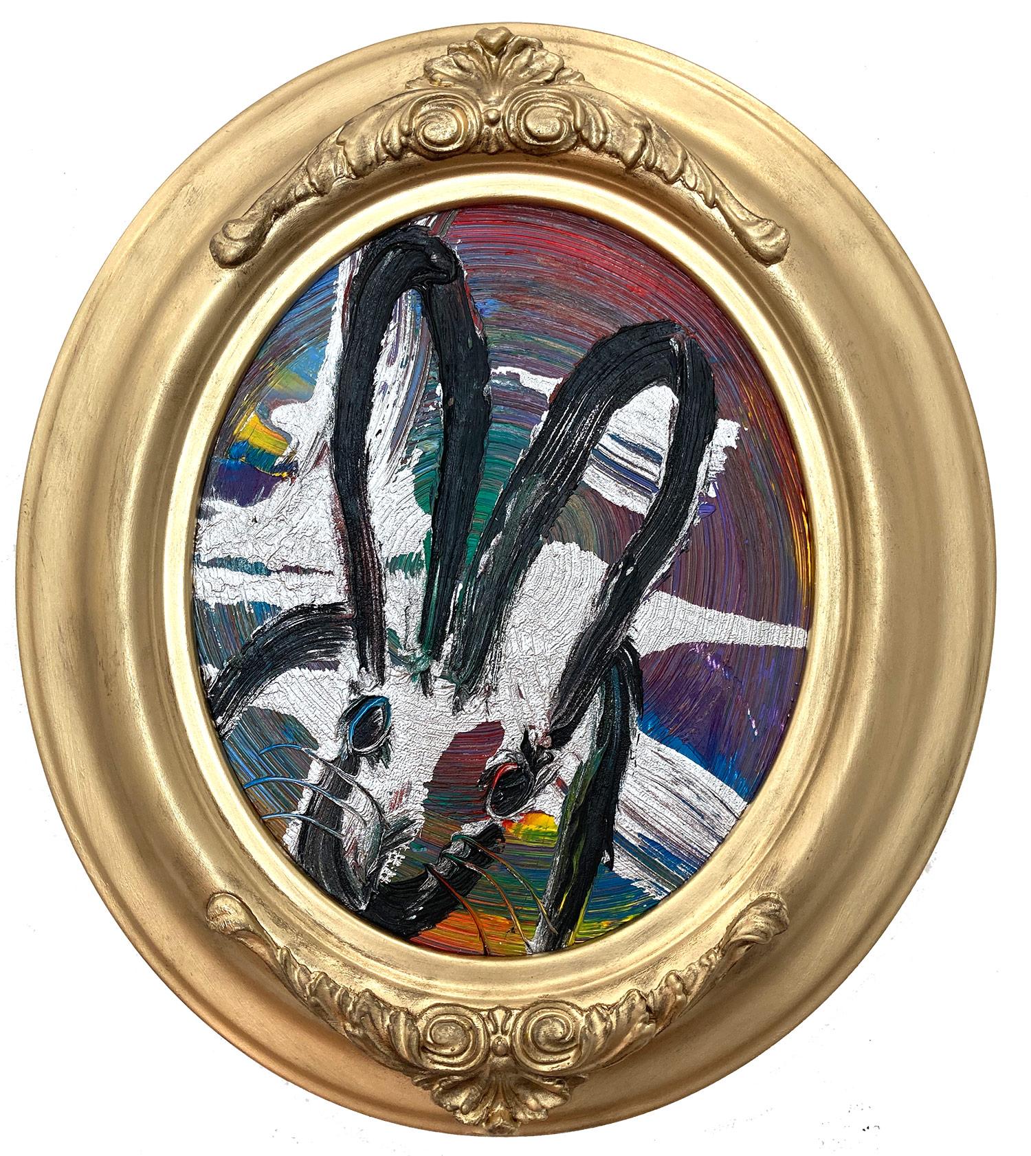 "Blue Eyes" Oval Black Bunny on Multicolored Background with Silver and Gold 