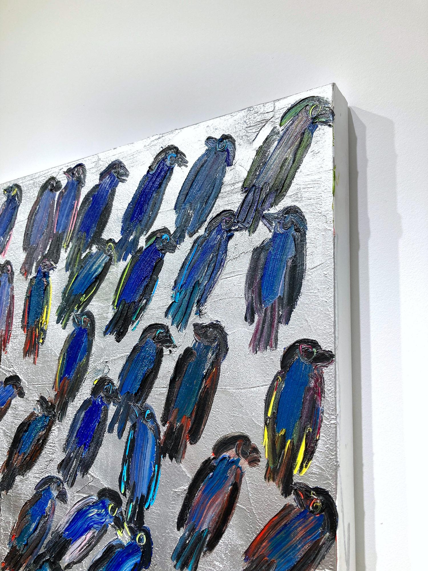 „Blue Finches“ Blaue Vögel auf silbernem Hintergrund, Ölgemälde auf Leinwand  im Angebot 6
