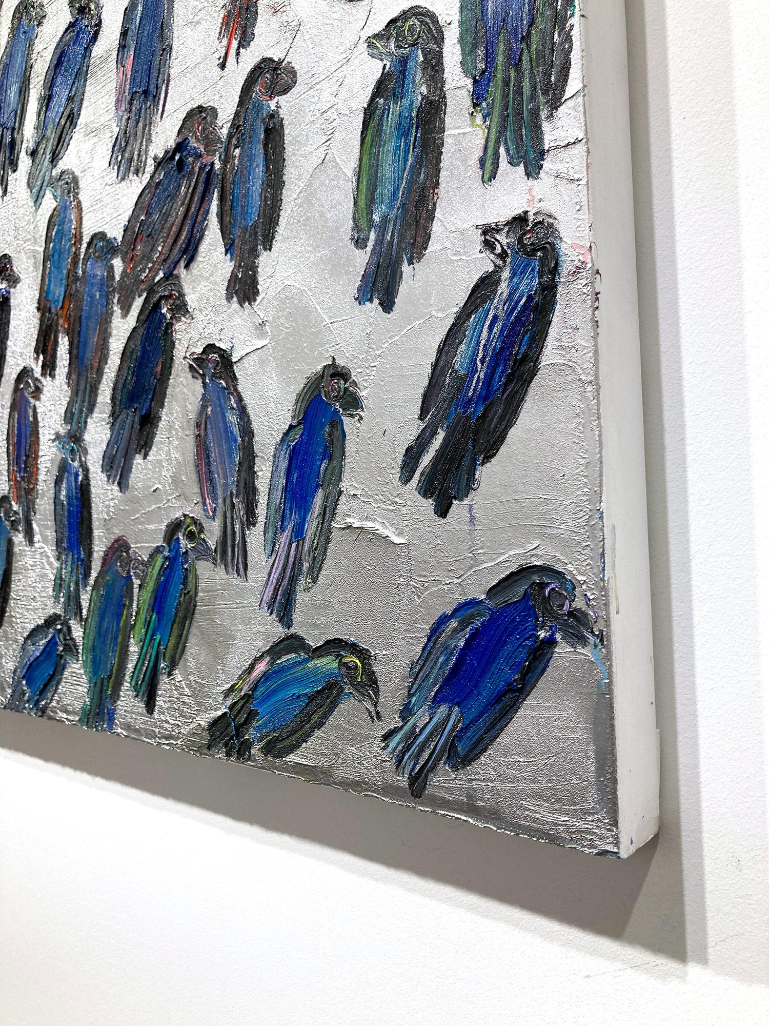 « Blue Finches », oiseaux bleus sur fond argenté, peinture à l'huile sur toile  en vente 7