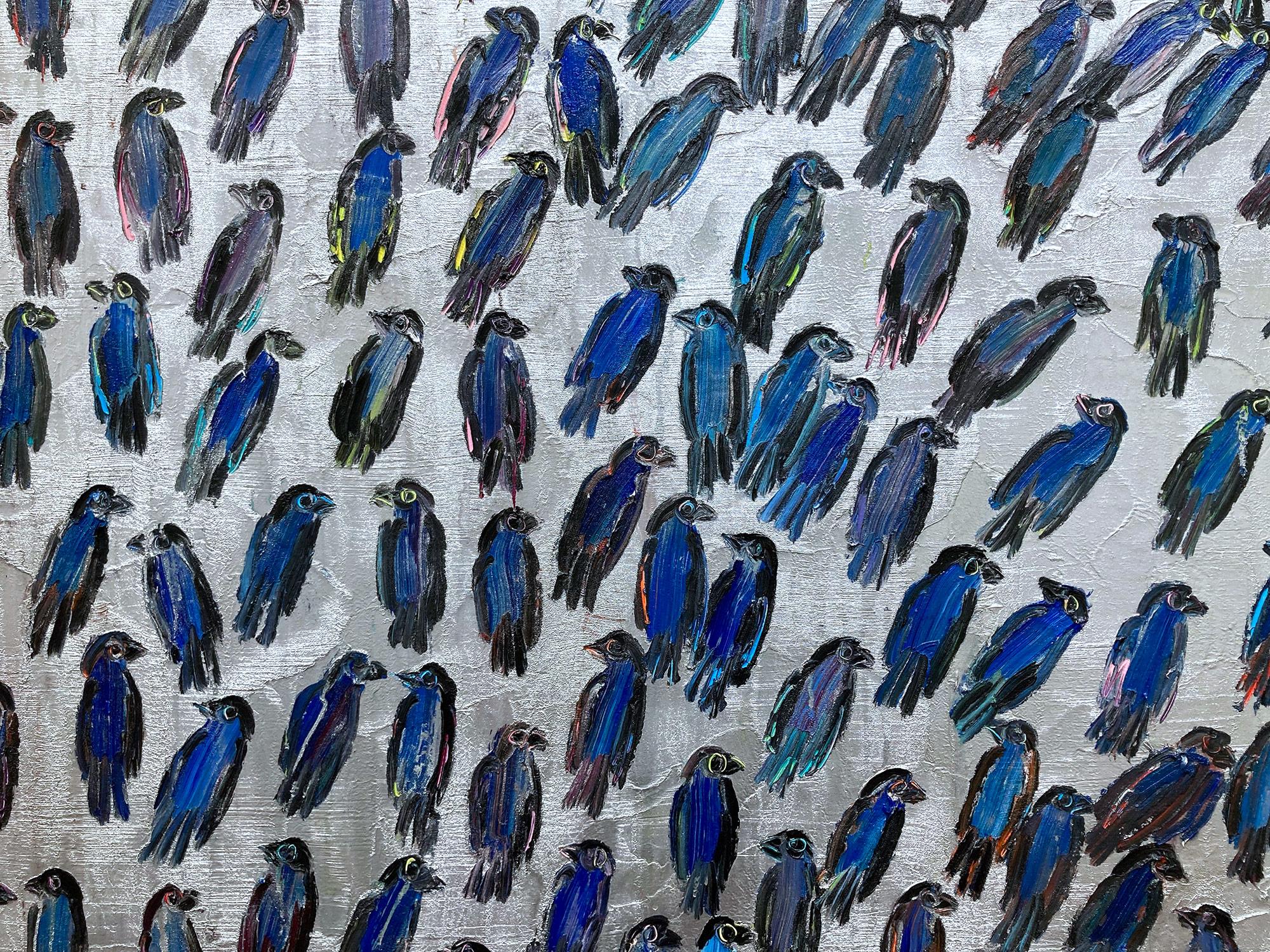 « Blue Finches », oiseaux bleus sur fond argenté, peinture à l'huile sur toile  - Painting de Hunt Slonem
