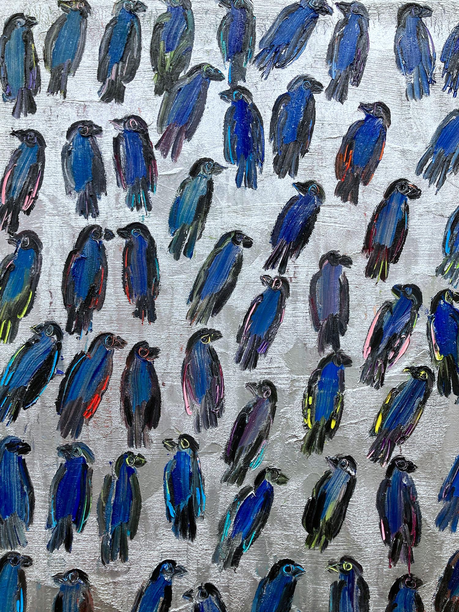 „Blue Finches“ Blaue Vögel auf silbernem Hintergrund, Ölgemälde auf Leinwand  (Neue Wilde), Painting, von Hunt Slonem