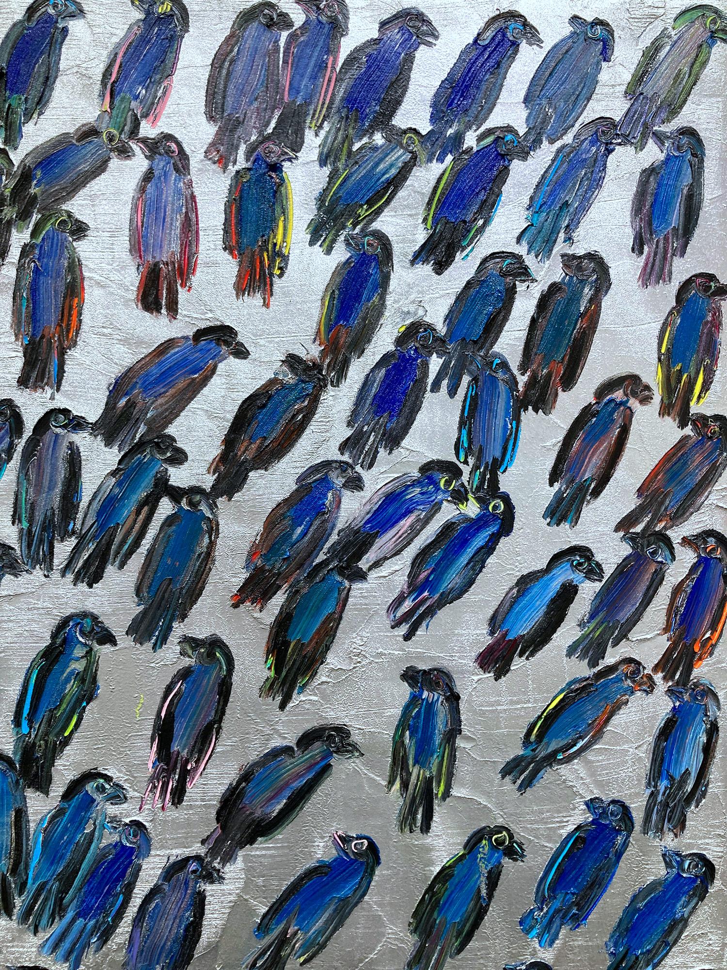 „Blue Finches“ Blaue Vögel auf silbernem Hintergrund, Ölgemälde auf Leinwand  im Angebot 1