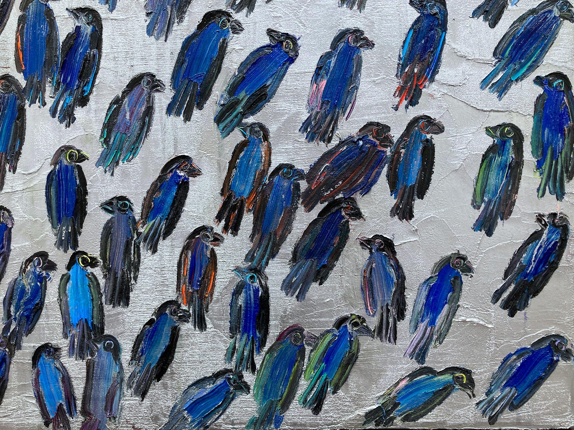 « Blue Finches », oiseaux bleus sur fond argenté, peinture à l'huile sur toile  en vente 2