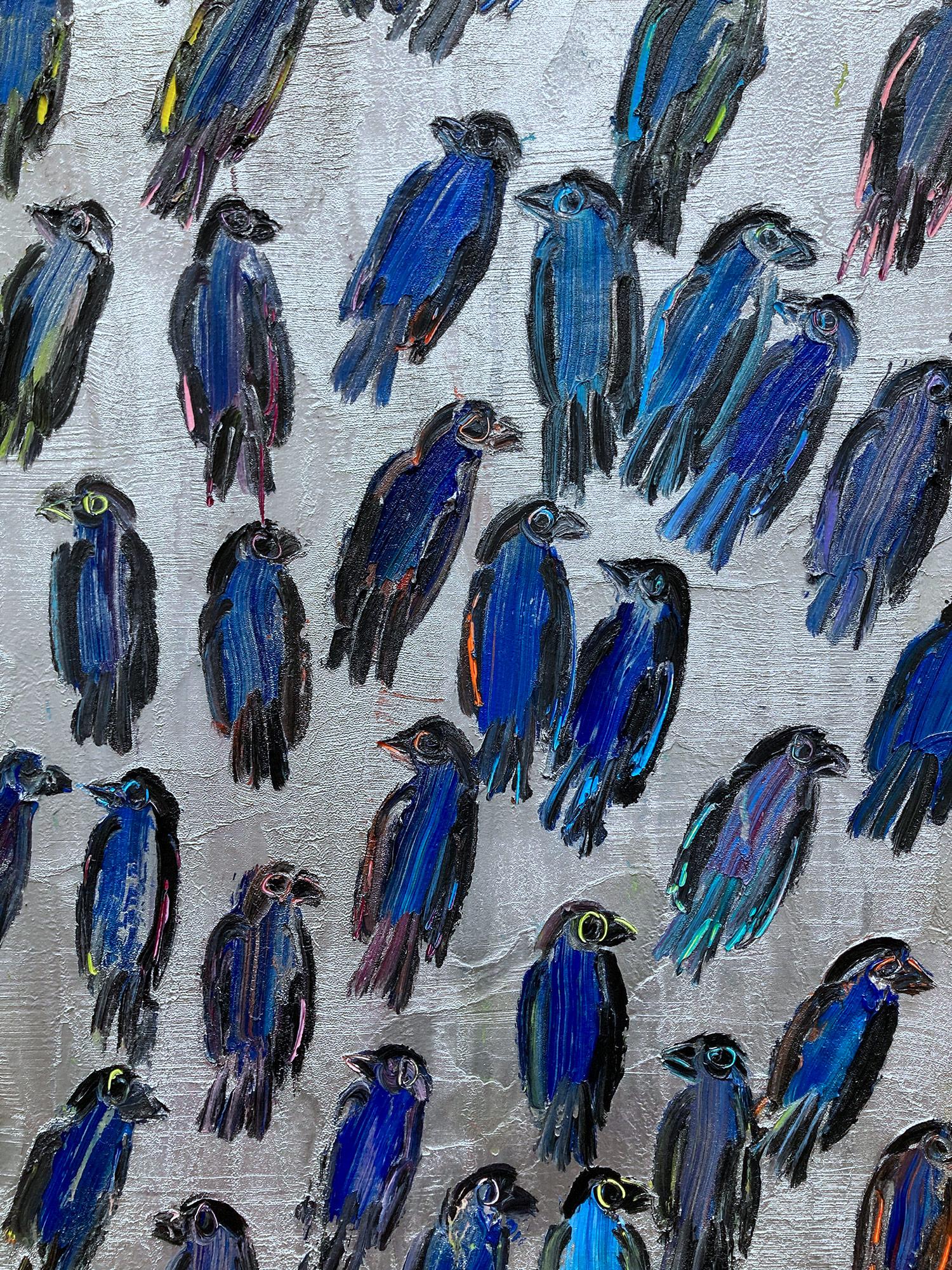 « Blue Finches », oiseaux bleus sur fond argenté, peinture à l'huile sur toile  en vente 3