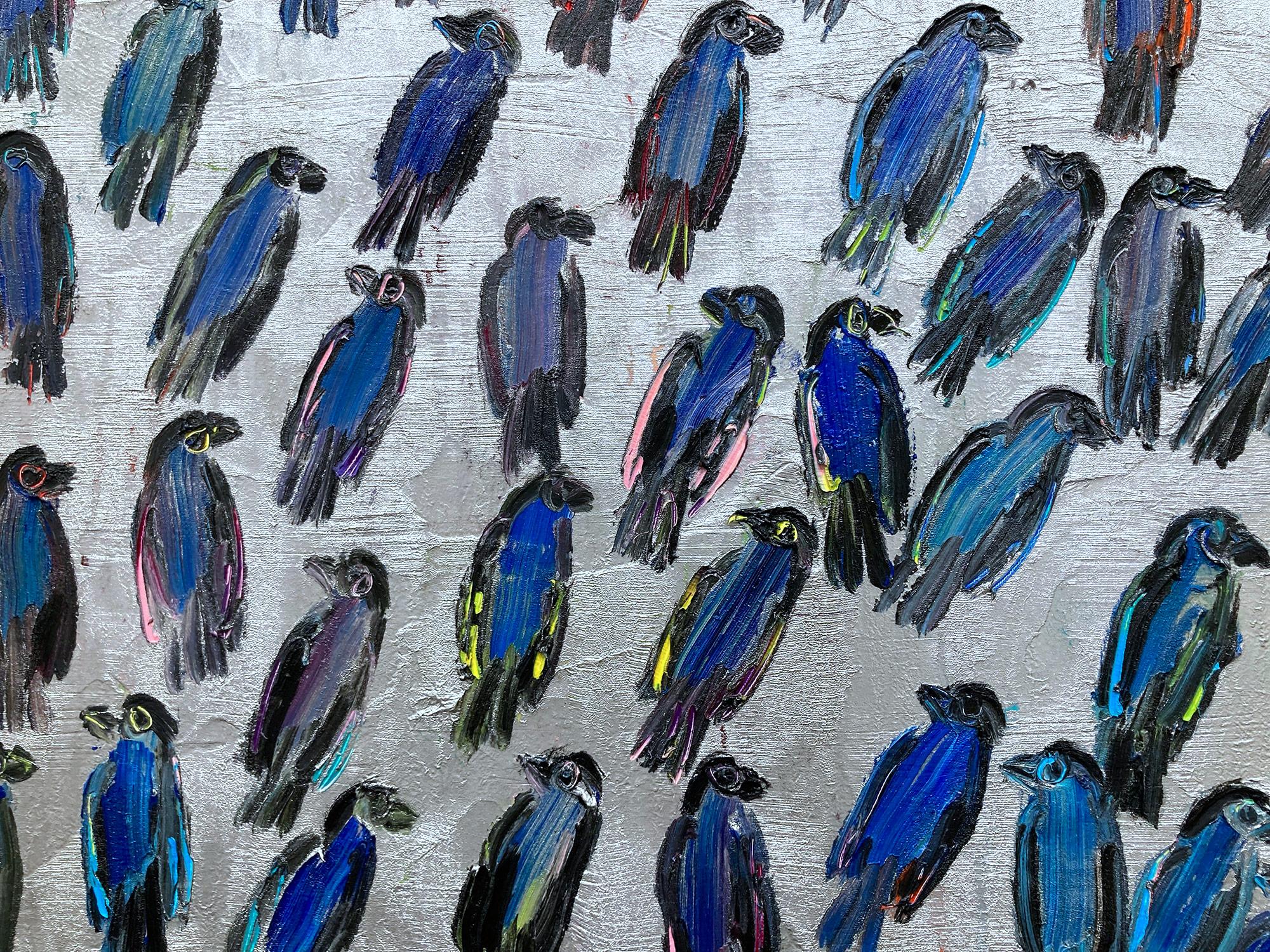 « Blue Finches », oiseaux bleus sur fond argenté, peinture à l'huile sur toile  en vente 4