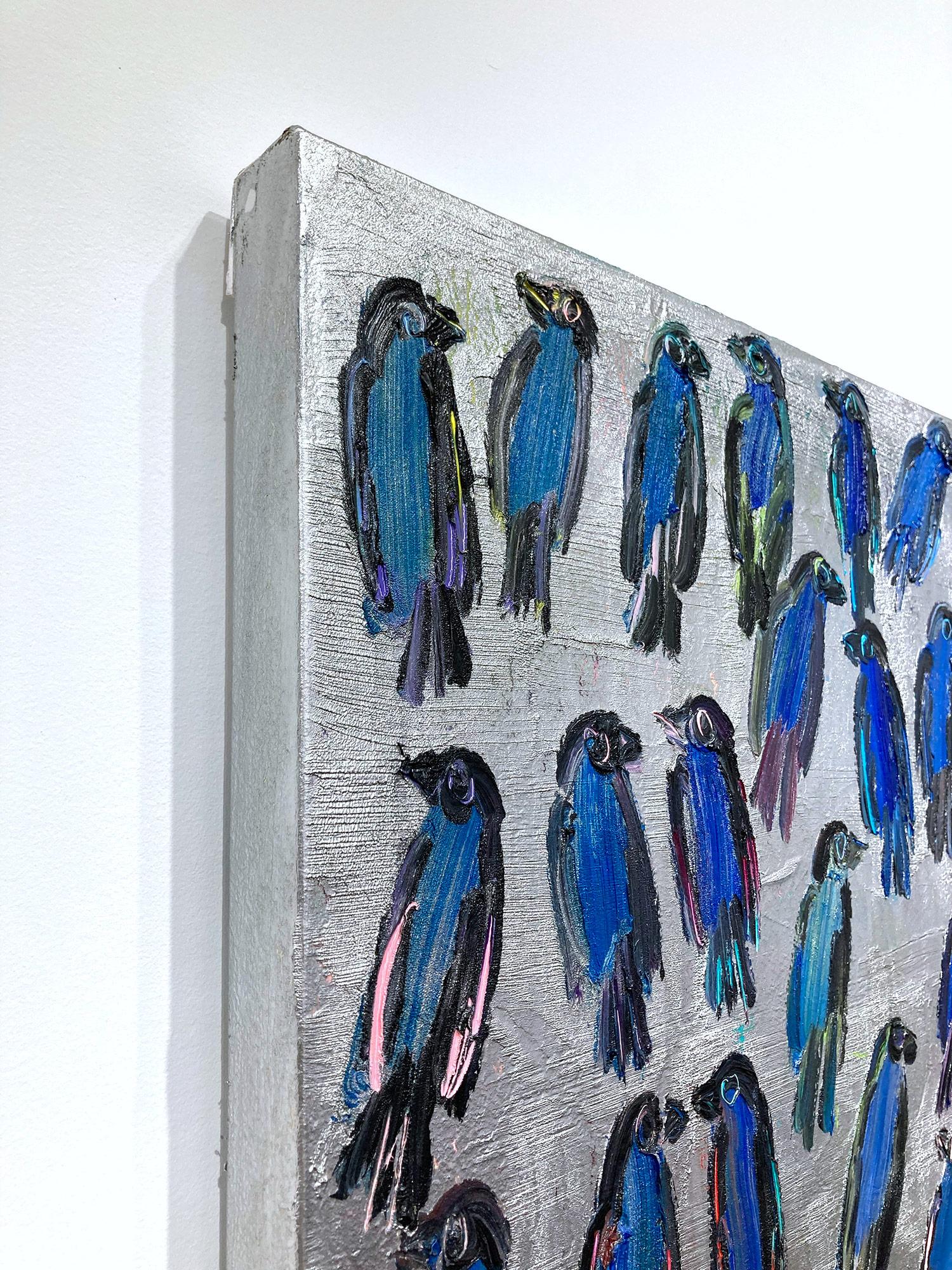 « Blue Finches », oiseaux bleus sur fond argenté, peinture à l'huile sur toile  en vente 5