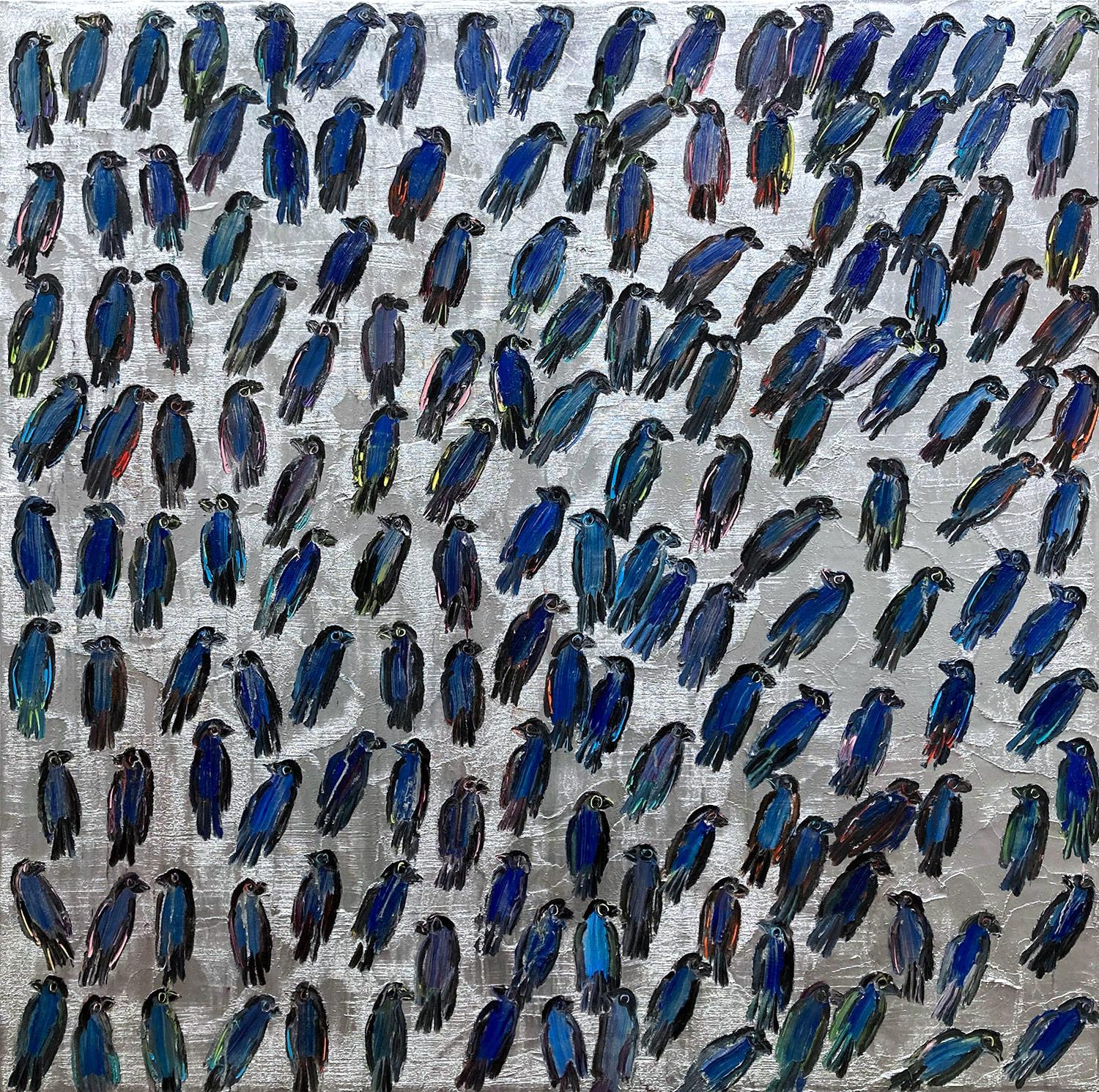 Abstract Painting Hunt Slonem - « Blue Finches », oiseaux bleus sur fond argenté, peinture à l'huile sur toile 