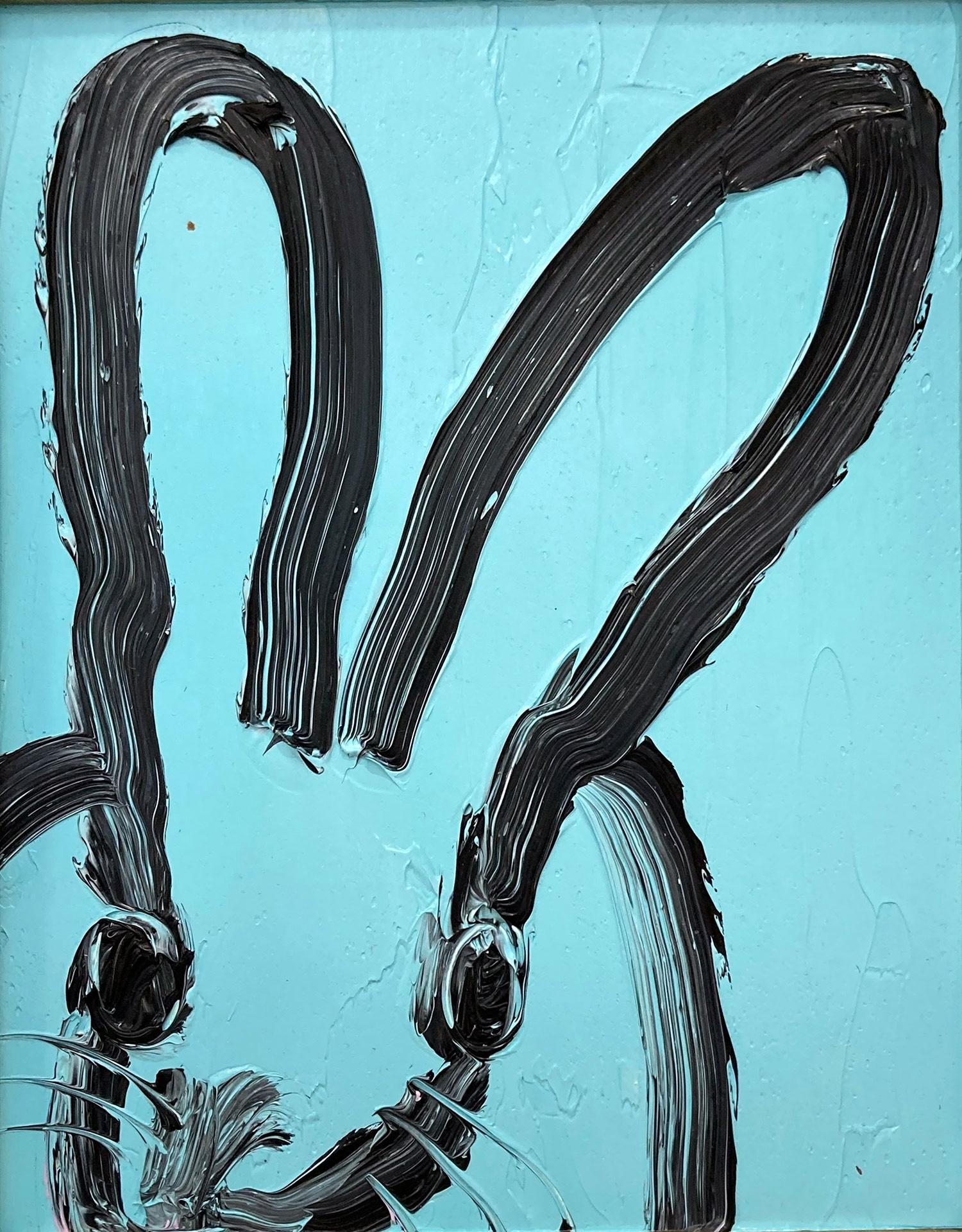 „Blue For You“ Schwarzes Ölgemälde mit schwarzem Umriss und Bunny auf Türkis, Ölgemälde in viktorianischem Rahmen – Painting von Hunt Slonem