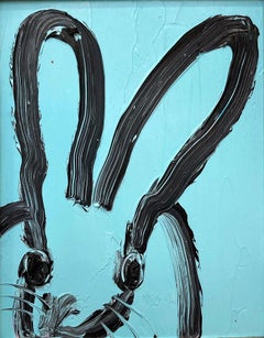 „Blue For You“ Schwarzes Ölgemälde mit schwarzem Umriss und Bunny auf Türkis, Ölgemälde in viktorianischem Rahmen