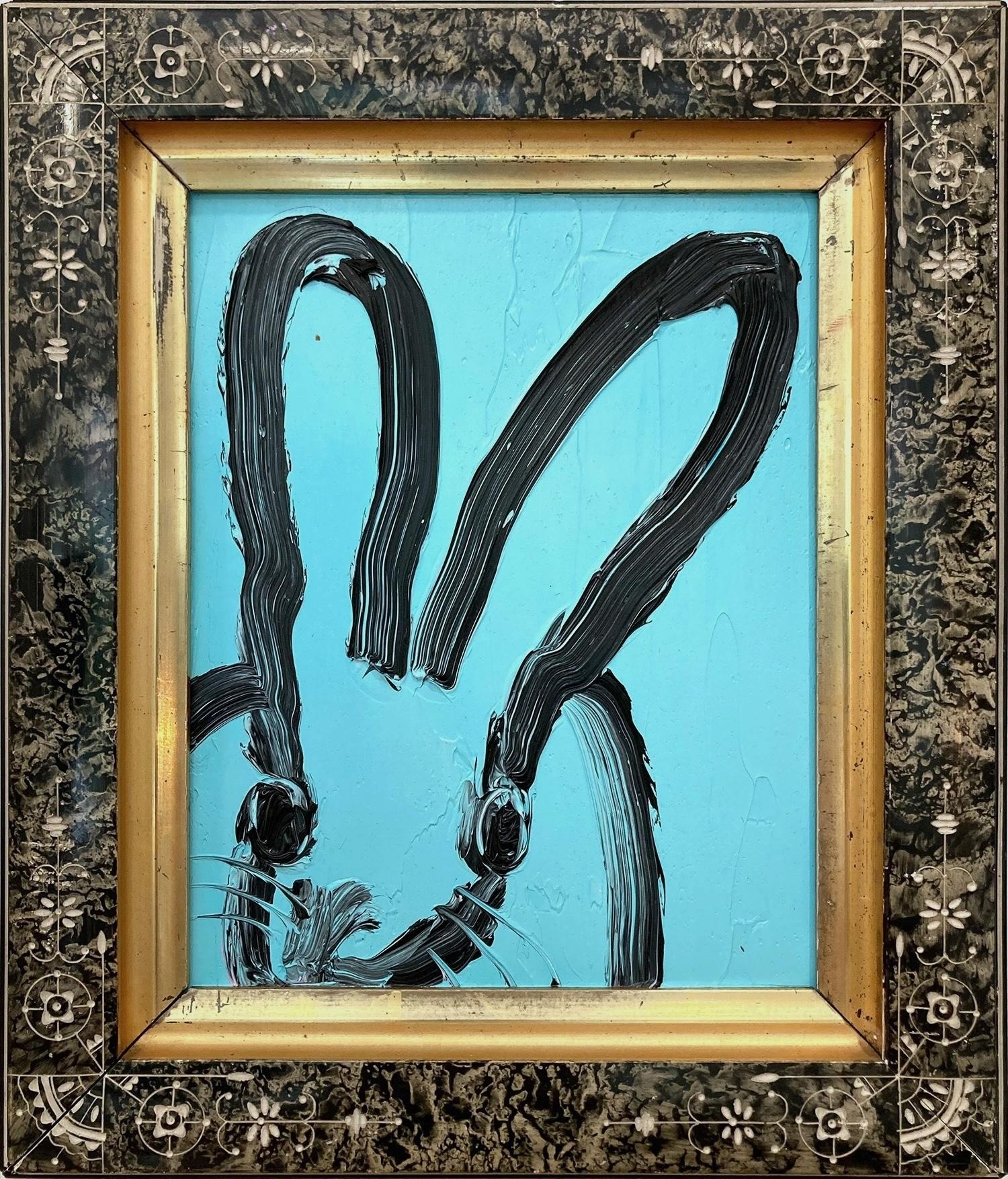 "Blue For You": dipinto ad olio con contorno nero su sfondo turchese con cornice vittoriana