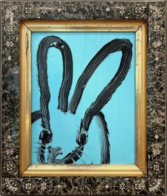 Peinture à l'huile "Blue For You", lapin noir sur turquoise, dans un cadre victorien