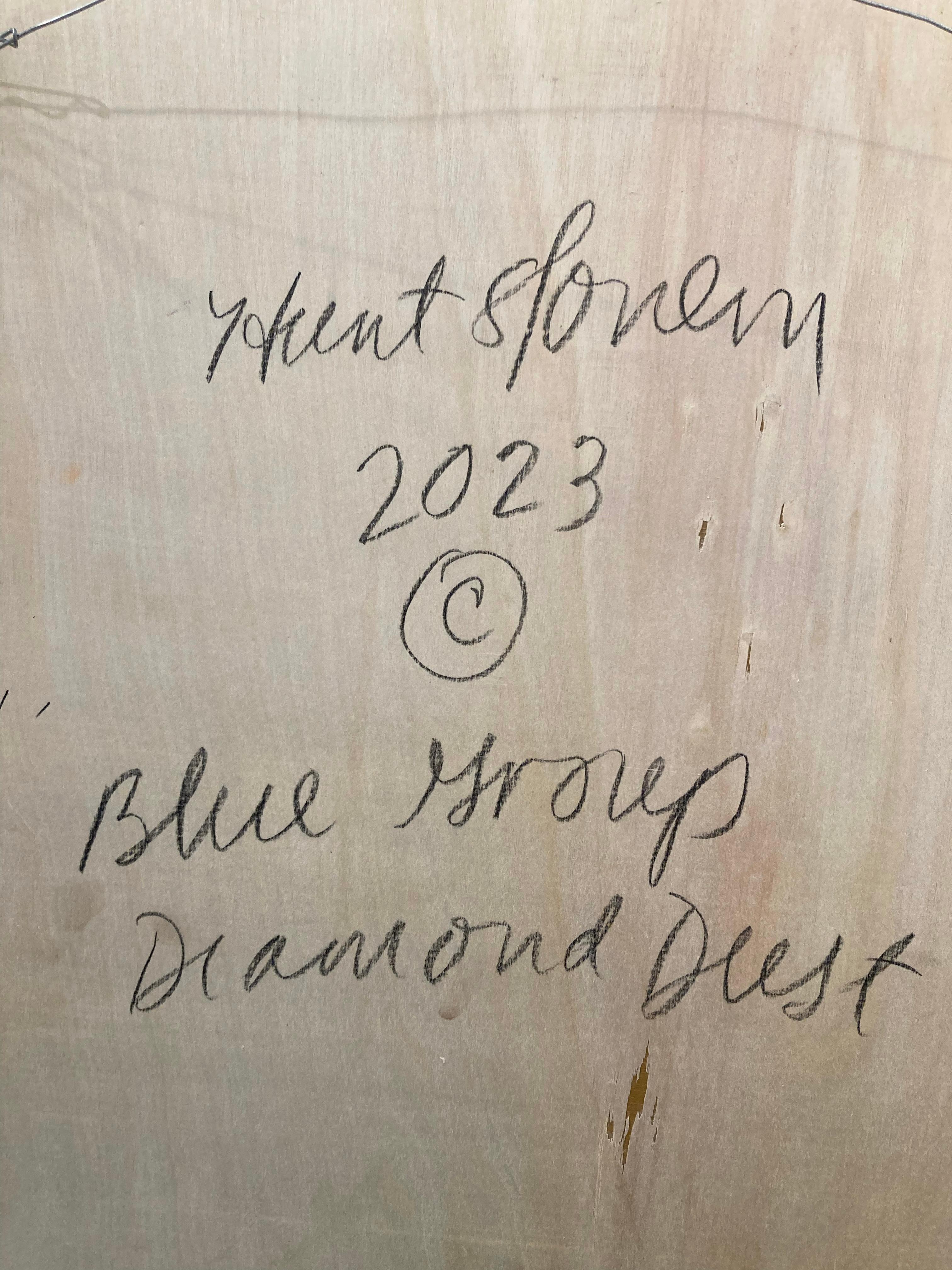 Artist:  Slonem, Hunt
Title:  Blue Group Diamond Dust
Date:  2023
Medium:  Oil & Acrylic w/ Diamond Dust on Wood
Unframed Dimensions:  20.25