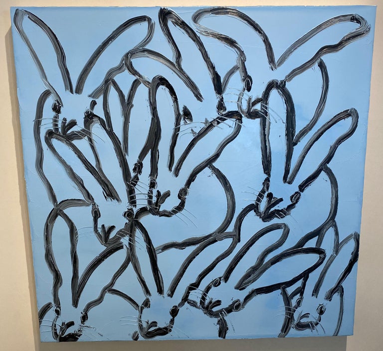 Hunt Slonem Blue Hutch square, gestural blue and black bunny
