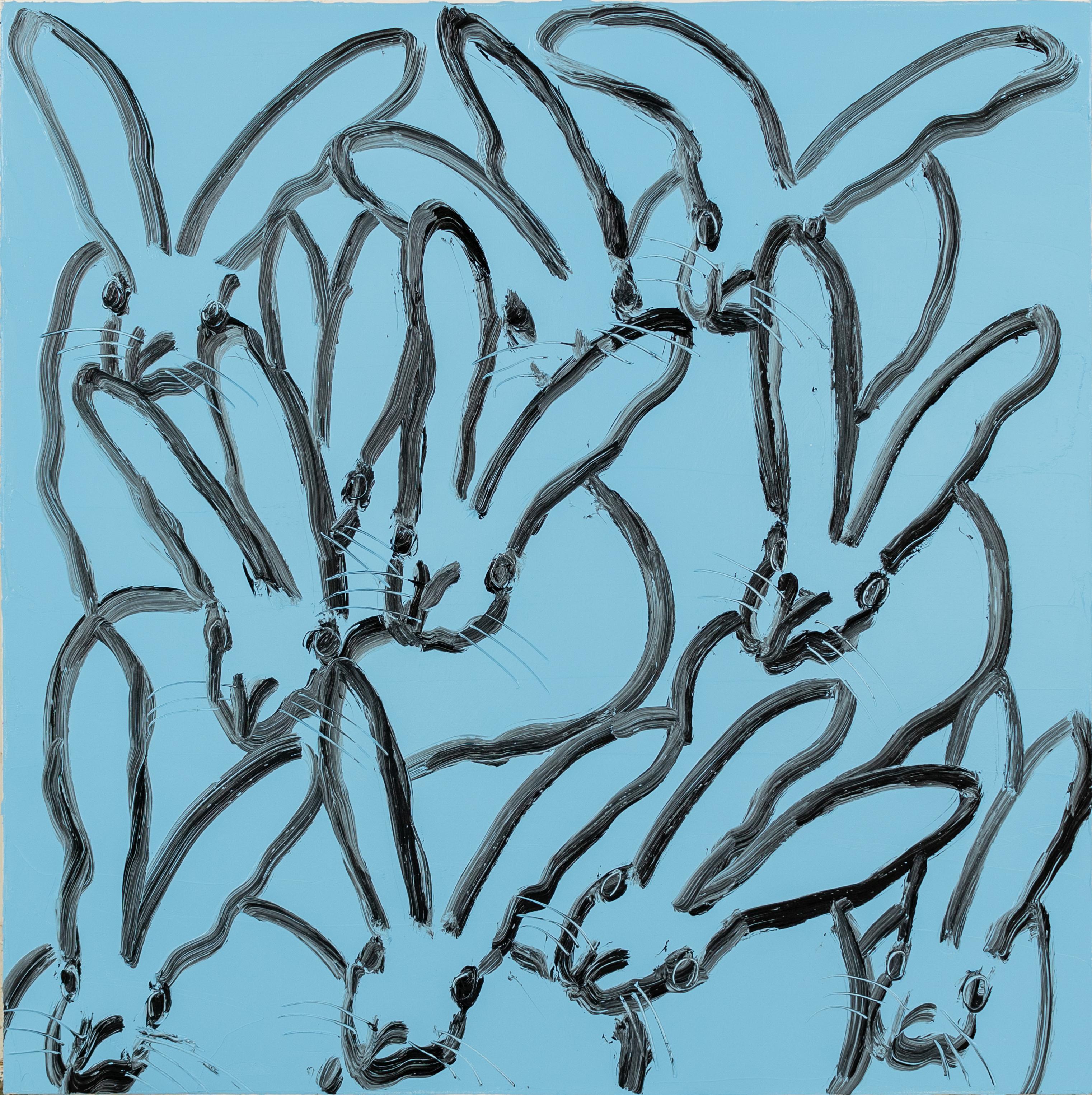 Blue Hutch- square, gestural blue and black bunny painting by hunt slonem - Painting by Hunt Slonem
