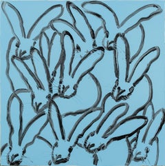 Blue Hutch- square, gestural blue and black bunny painting by hunt slonem