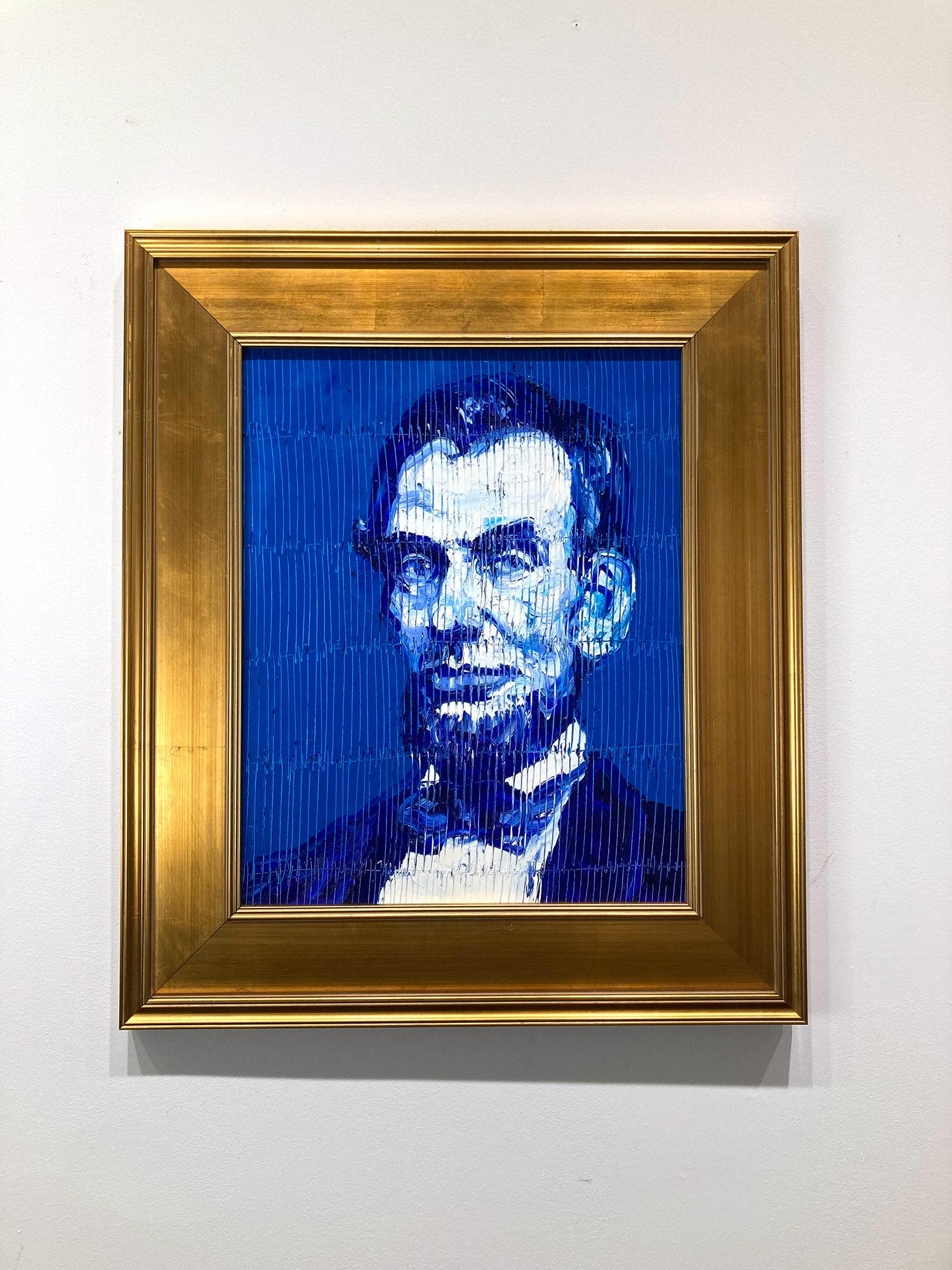 Neoexpressionistisches Ölgemälde „Blue Lincoln“ mit blauem Hintergrund auf Holz im Angebot 10