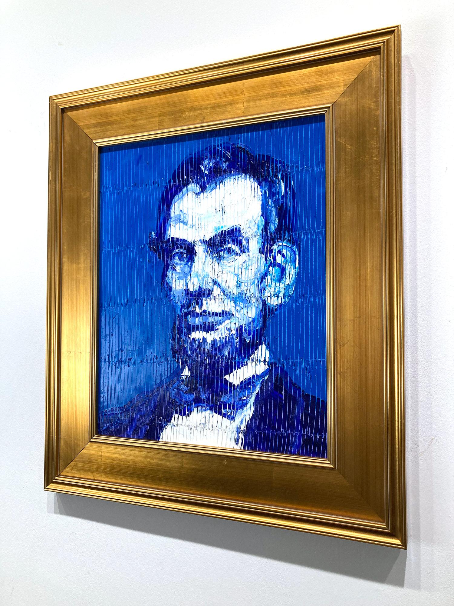 Neoexpressionistisches Ölgemälde „Blue Lincoln“ mit blauem Hintergrund auf Holz im Angebot 11