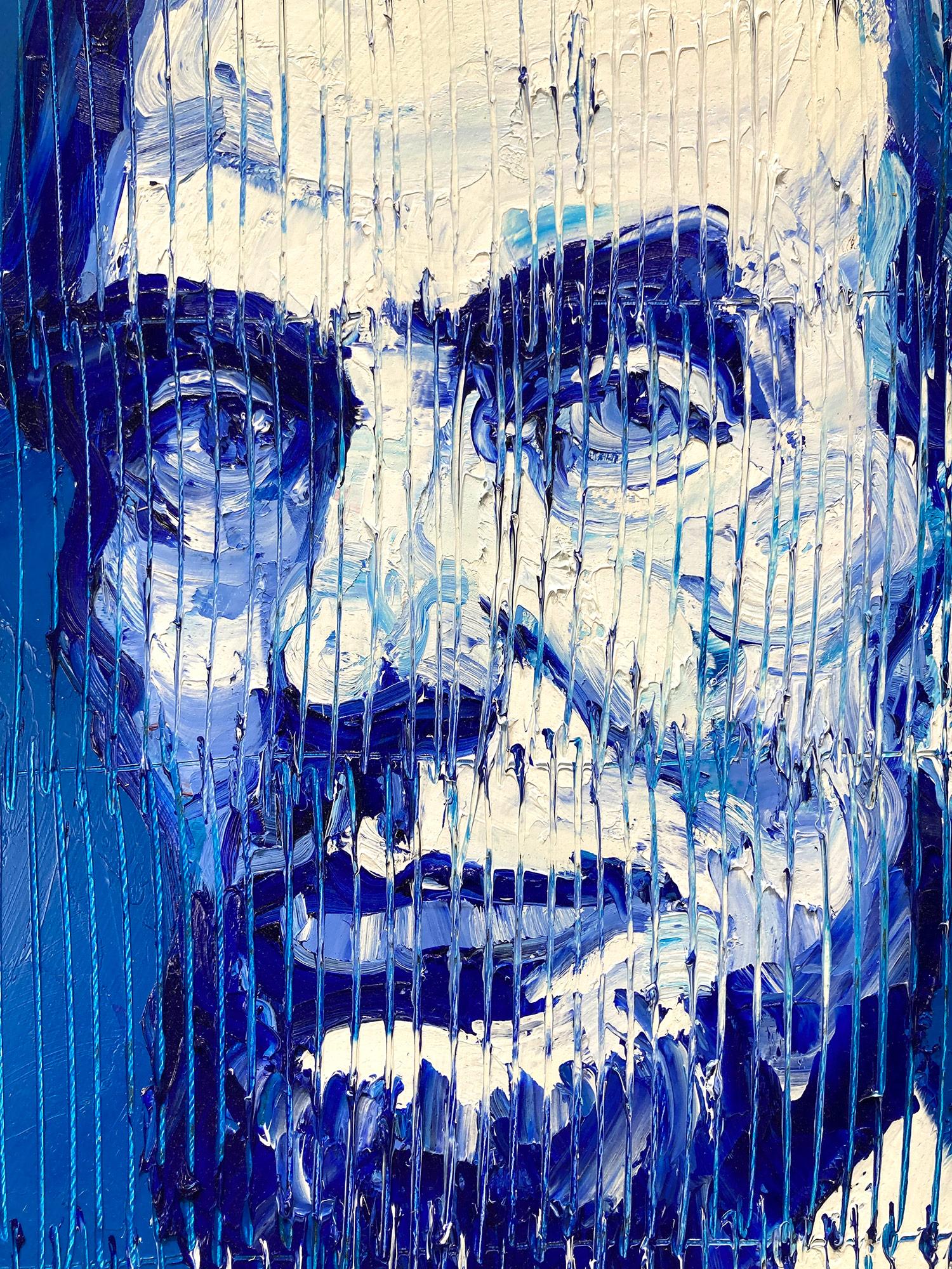 A wonderful composition of one of Slonem's most iconic subjects of Abraham Lincoln. The thick use of paint is greatly recognizable as he slathers on layer after layer of oil paint, done in blue and white. This painting is housed in a wonderful gold