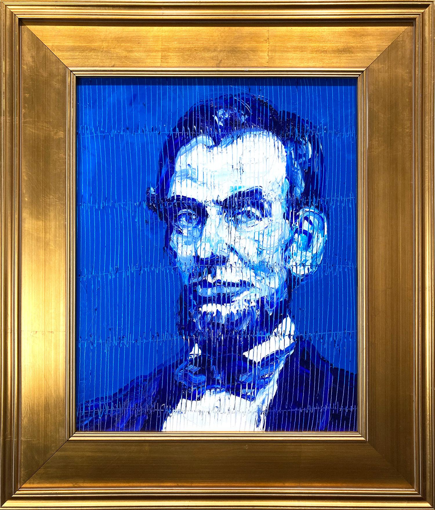 Hunt Slonem Portrait Painting - "Blue Lincoln" Neo-Expressionist Oil Painting in Blue Background on Wood