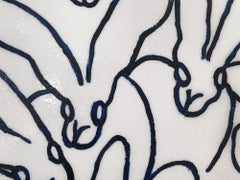 "Blue Line 2" Prussian Blue Outlined Bunnies on White Diamond Dust Background