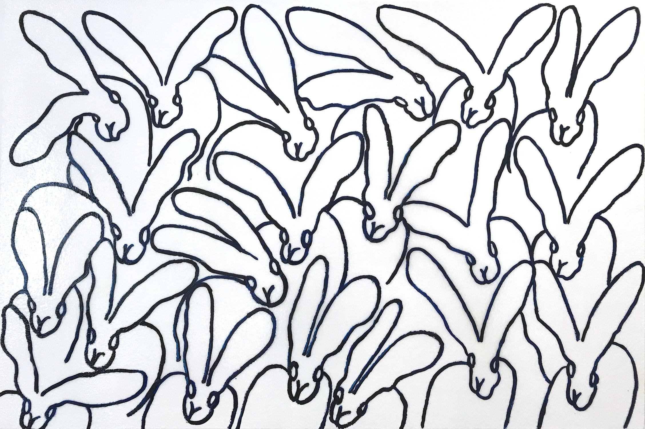 Hunt Slonem Animal Painting - "Blue Line 2" Prussian Blue Outlined Bunnies on White Diamond Dust Background