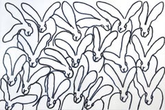 "Blue Line 2" Prussian Blue Outlined Bunnies on White Diamond Dust Background