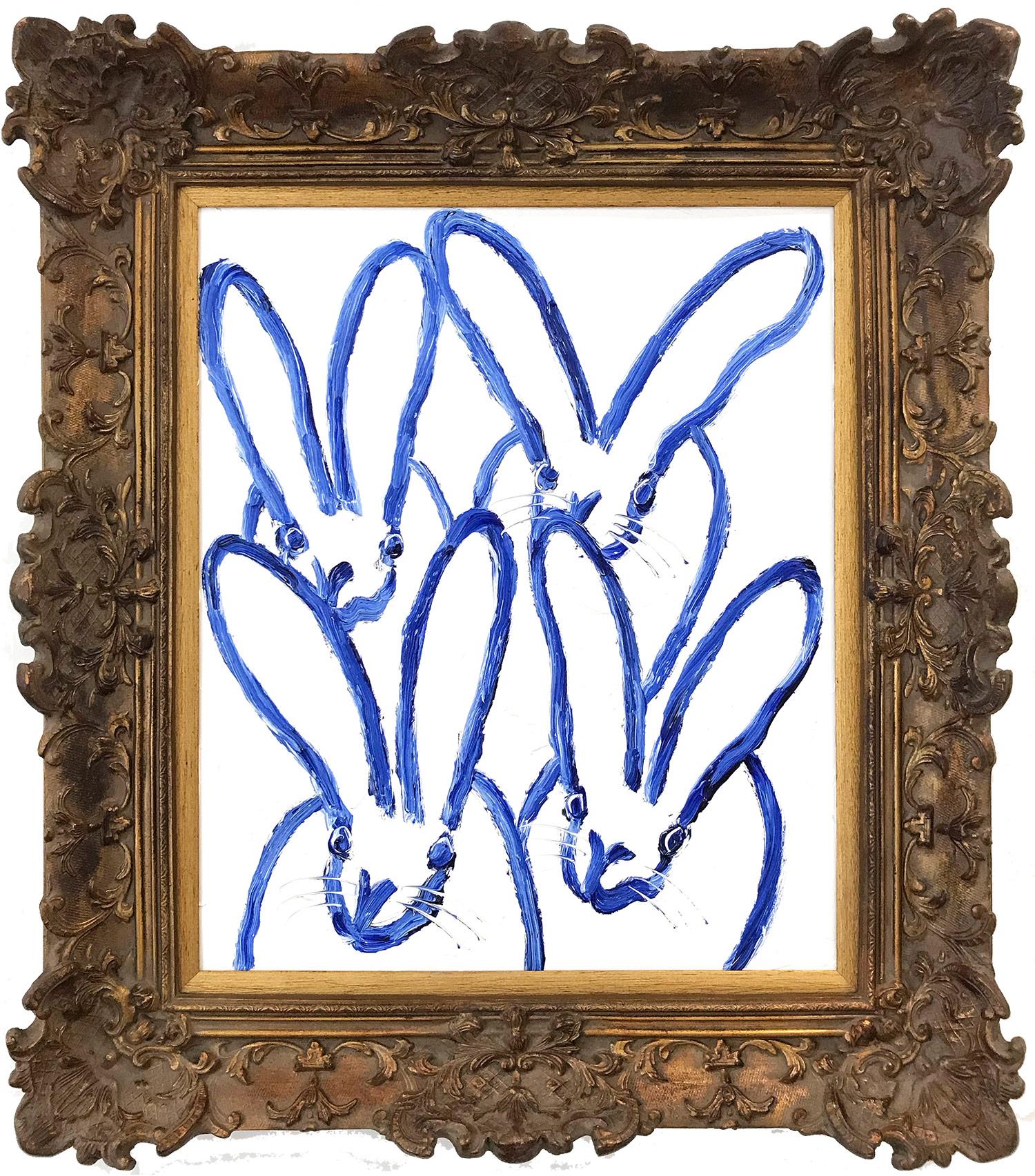 Hunt Slonem Animal Painting - "Blue Line" Cobalt Blue Outlined Bunnies on White Background