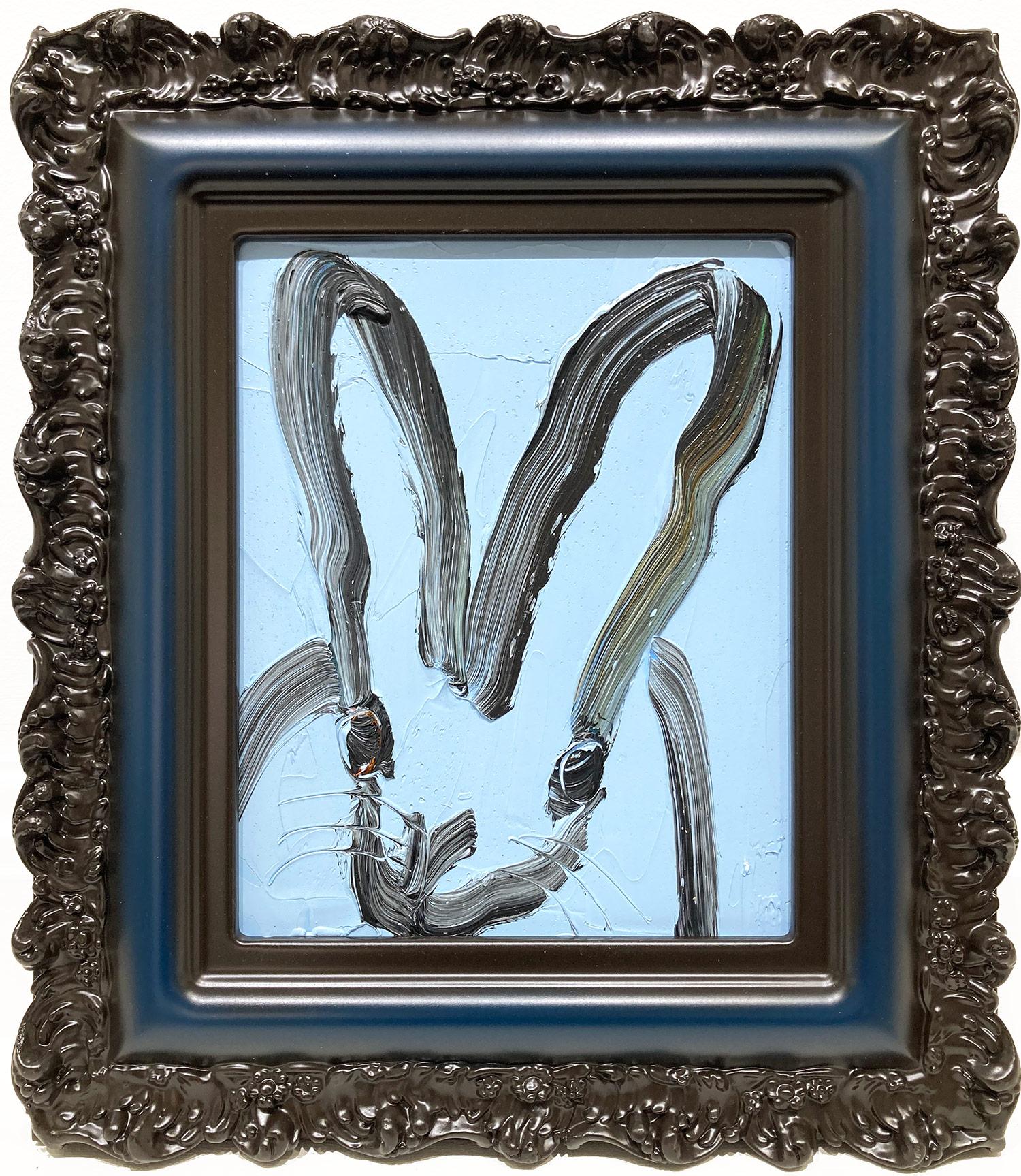 Hunt Slonem Animal Painting - "Blue Sky" Black Bunny on Periwinkle Blue Background Oil Painting Framed