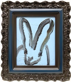 "Blue Sky" Black Bunny on Periwinkle Blue Background Oil Painting Framed