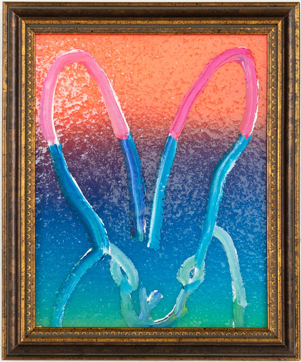 Hunt Slonem Figurative Painting – Blauer Himmel „Bunny Painting“ Original Blaues und rosafarbenes Ölgemälde in Vintage-Rahmen