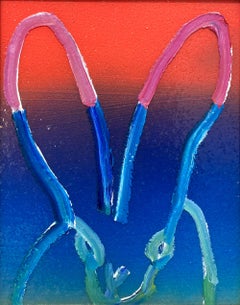 "Blue Sky" Colorful Outline Bunny on Gradient Background Oil Painting Framed