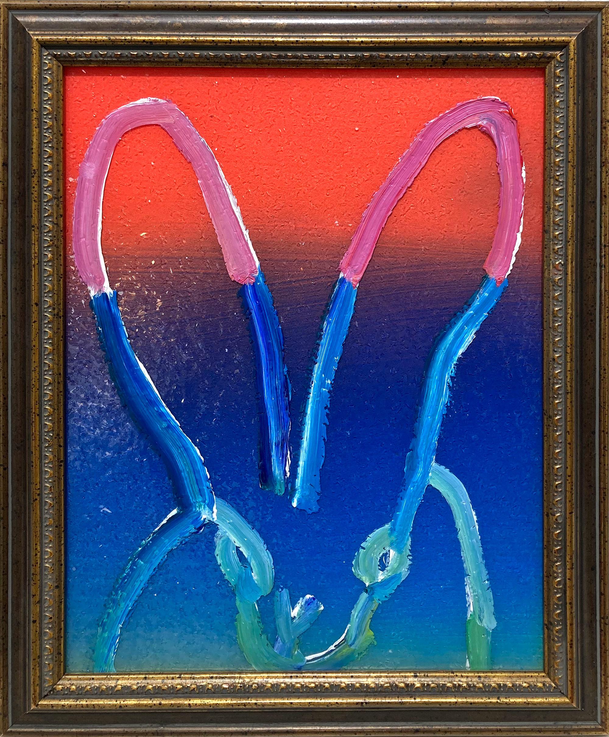 "Blauer Himmel" Bunter Umriss Hase auf Farbverlauf Hintergrund Ölgemälde Gerahmt