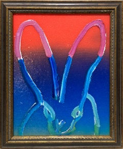 "Cielo blu" Coniglietto dai contorni colorati su sfondo graduale Pittura ad olio con cornice