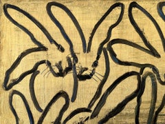 "Racha Azul" Conejitos Negros Acentos Azules Fondo Dorado Pintura al Óleo sobre Lienzo