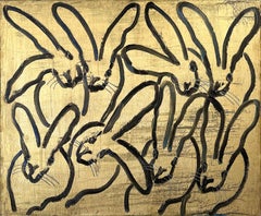 Peinture à l'huile sur toile « Blue Streak », Bunnies noires aux accents bleus, fond doré